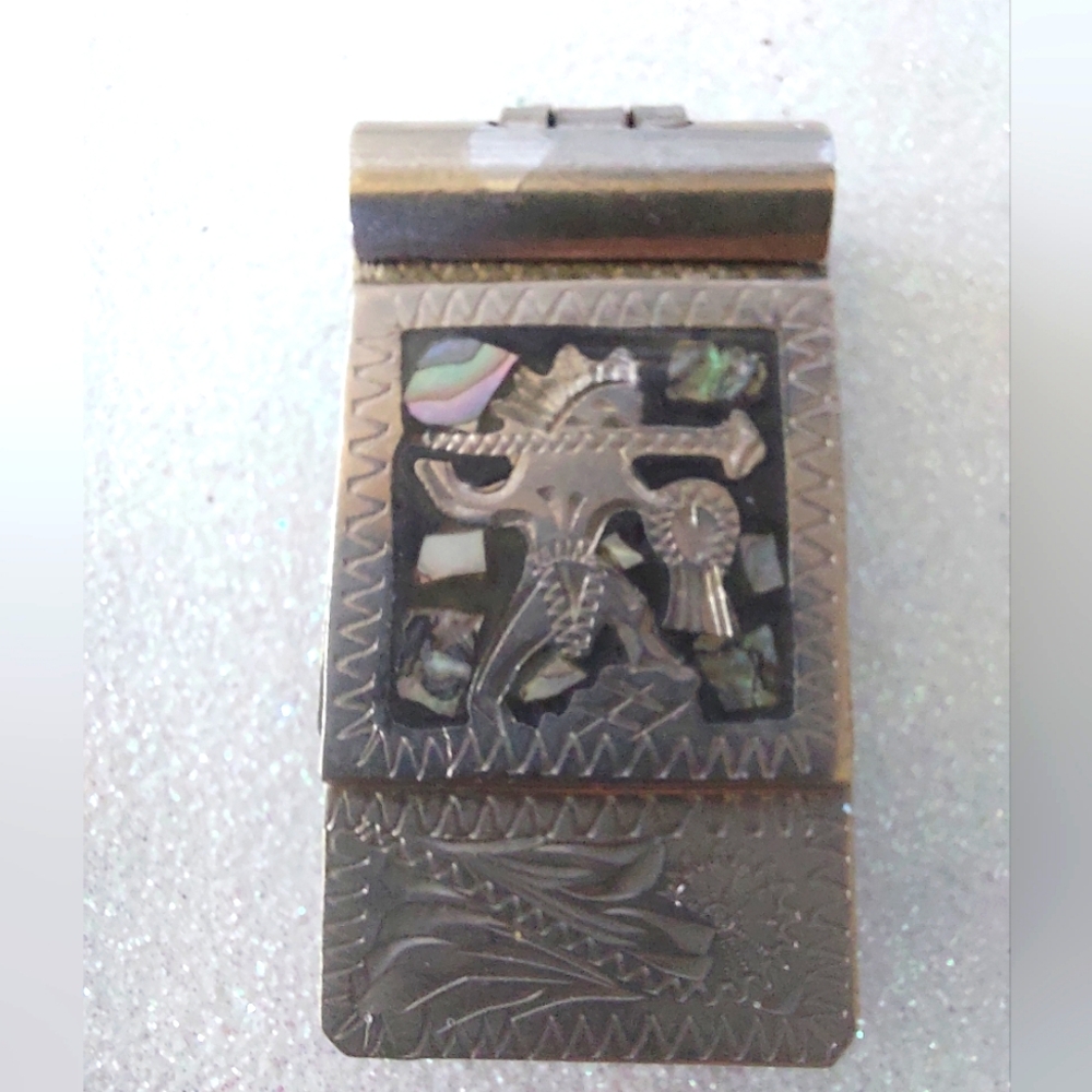 Vintage Alpaca Mexico Silver Engraved Money Clip w/inset Mother-of-Pearl/Abalone